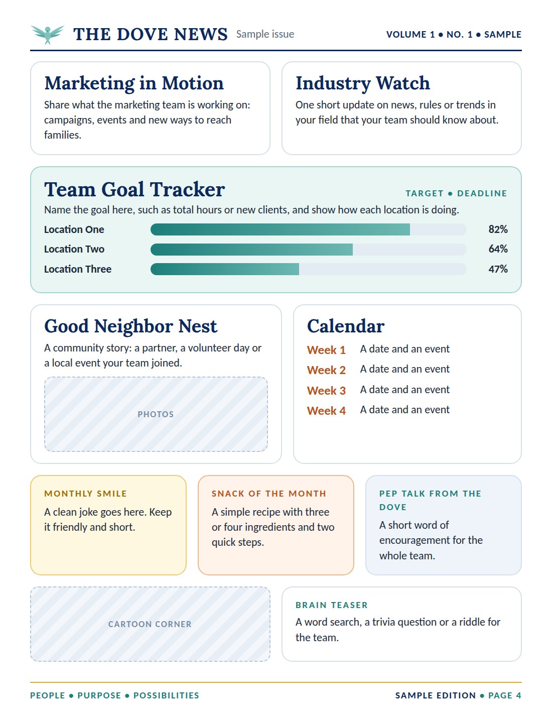 Page 4 of the sample. Marketing, industry news, a team goal tracker, community news, a calendar and a fun corner.